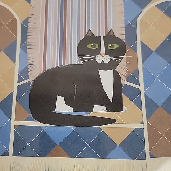 Handmade Papercraft Framed Cat Art Original with Blue and Brown Accents 14"X17" - Picture 3 of 6